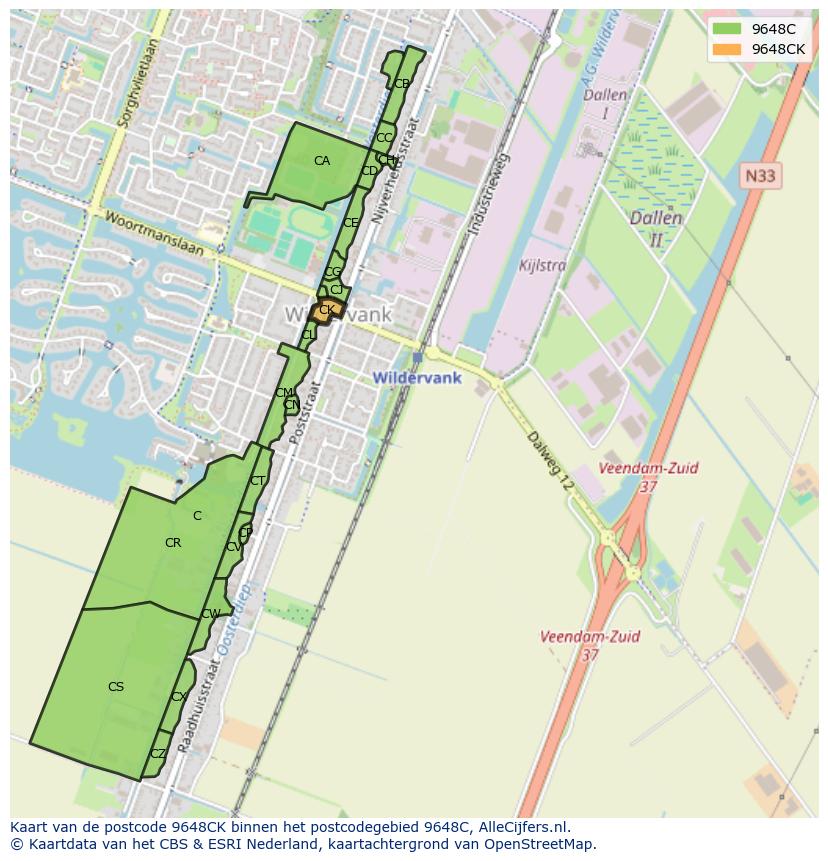 Afbeelding van het postcodegebied 9648 CK op de kaart.
