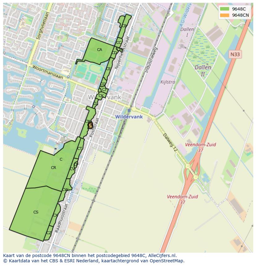 Afbeelding van het postcodegebied 9648 CN op de kaart.