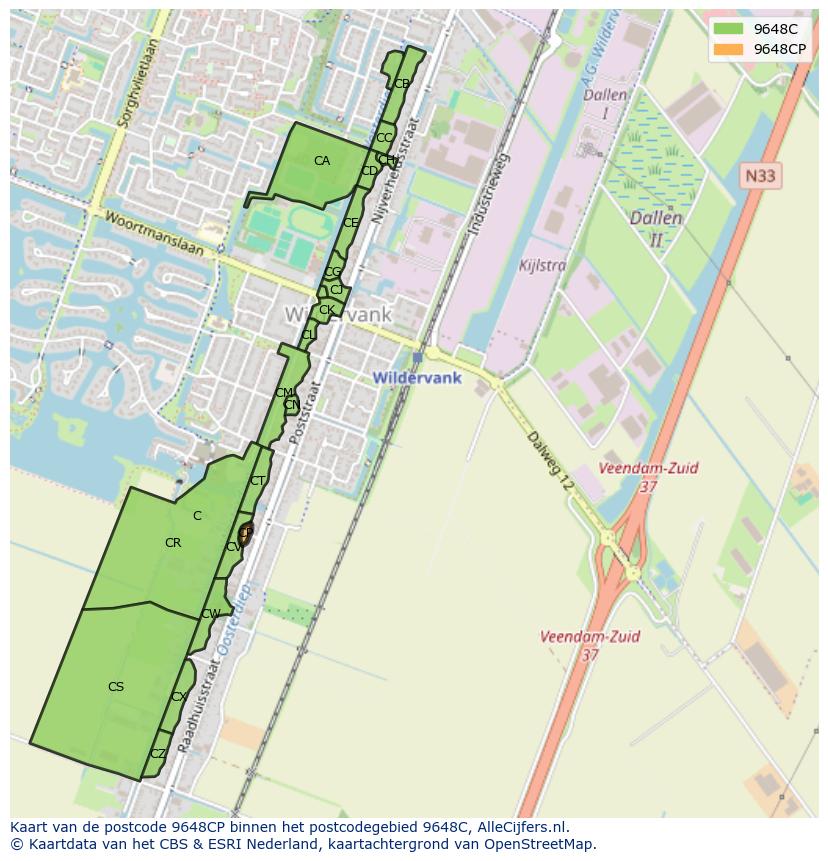 Afbeelding van het postcodegebied 9648 CP op de kaart.