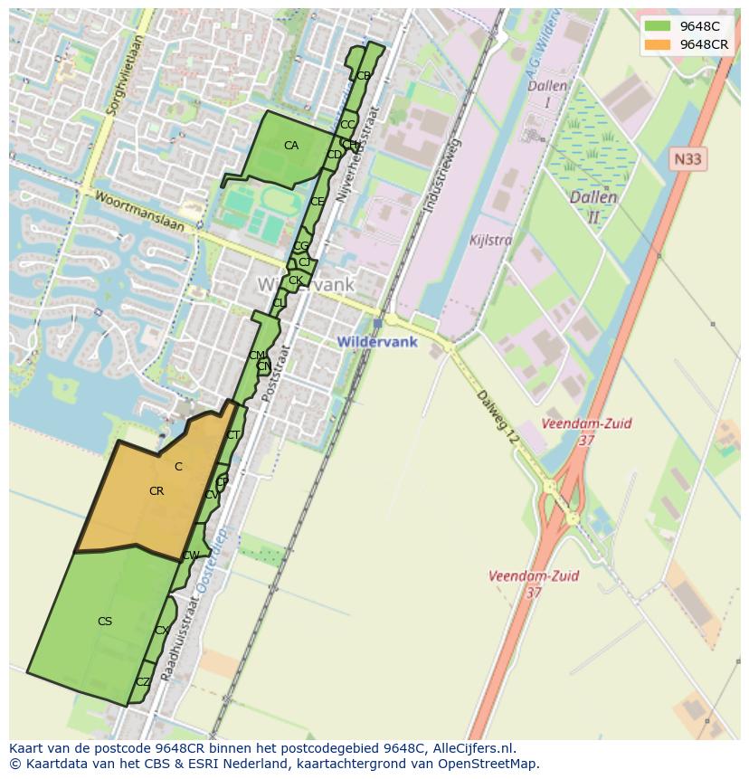 Afbeelding van het postcodegebied 9648 CR op de kaart.
