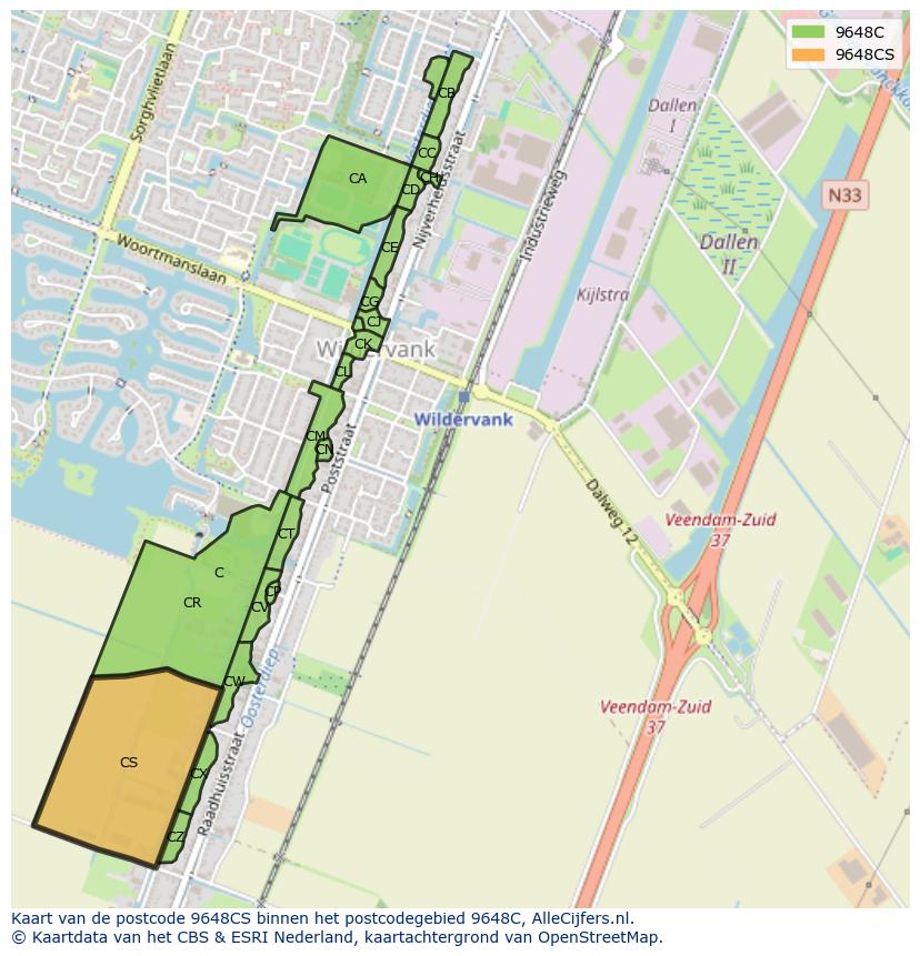 Afbeelding van het postcodegebied 9648 CS op de kaart.