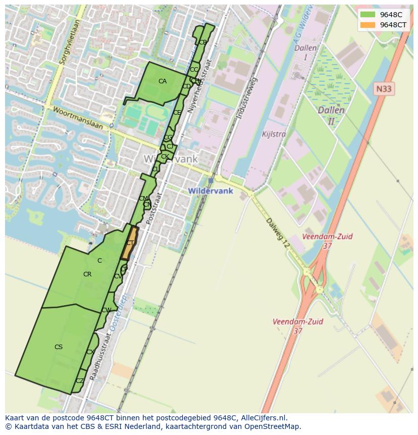 Afbeelding van het postcodegebied 9648 CT op de kaart.