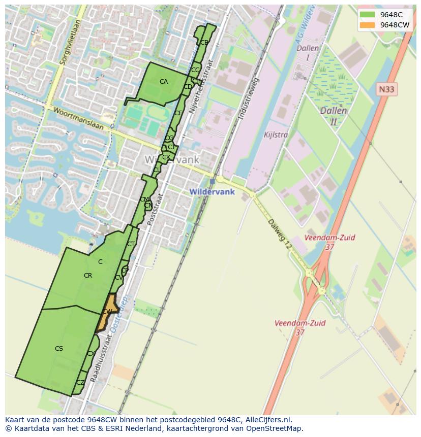 Afbeelding van het postcodegebied 9648 CW op de kaart.
