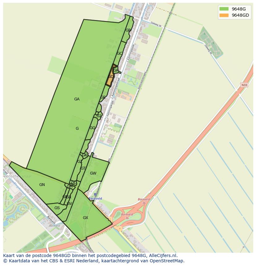 Afbeelding van het postcodegebied 9648 GD op de kaart.
