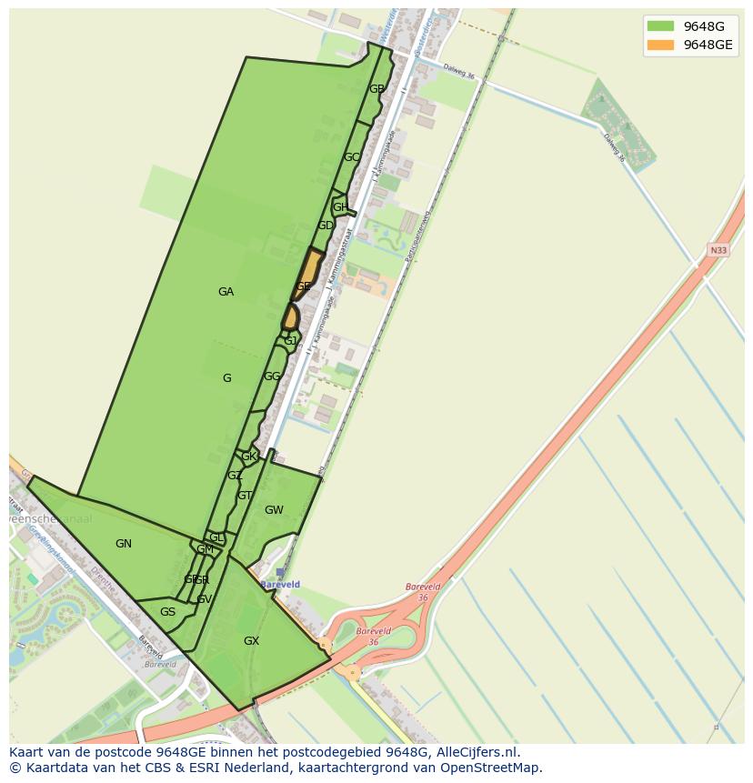 Afbeelding van het postcodegebied 9648 GE op de kaart.