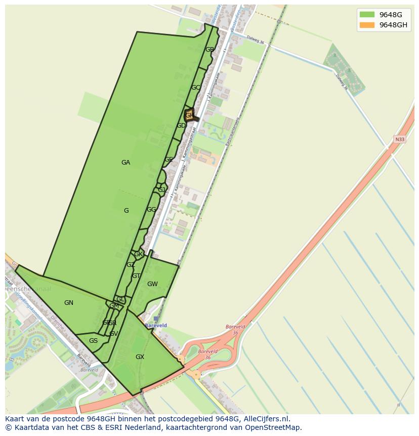 Afbeelding van het postcodegebied 9648 GH op de kaart.