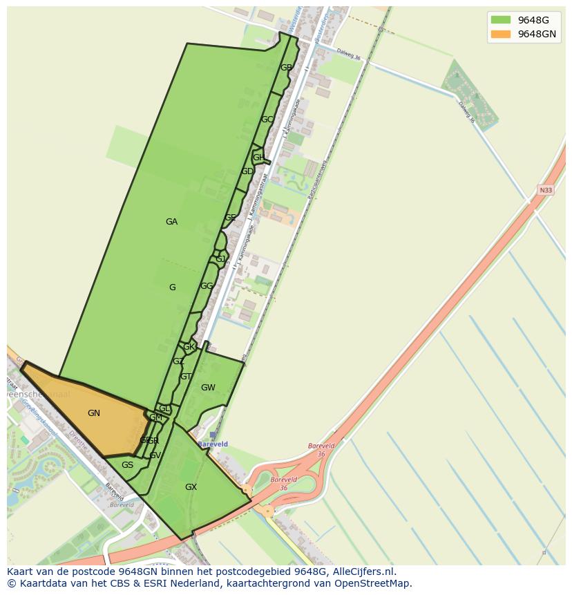 Afbeelding van het postcodegebied 9648 GN op de kaart.