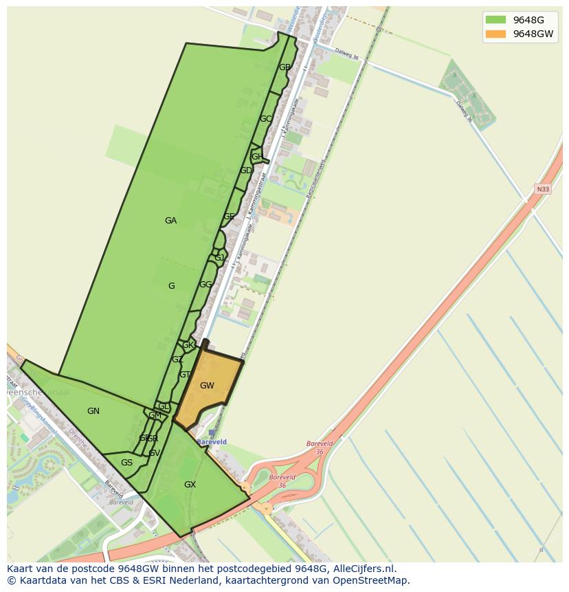 Afbeelding van het postcodegebied 9648 GW op de kaart.