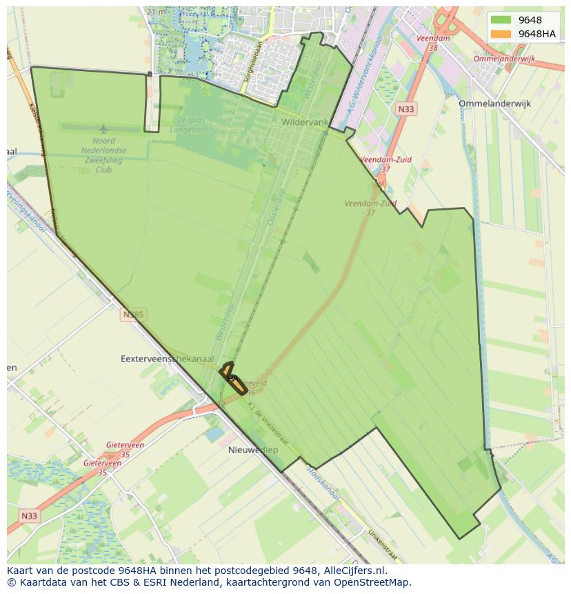 Afbeelding van het postcodegebied 9648 HA op de kaart.