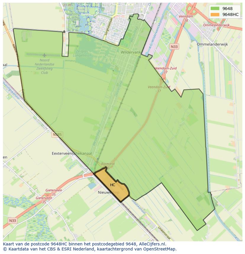 Afbeelding van het postcodegebied 9648 HC op de kaart.