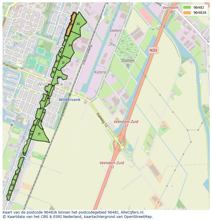 Afbeelding van het postcodegebied 9648 JA op de kaart.