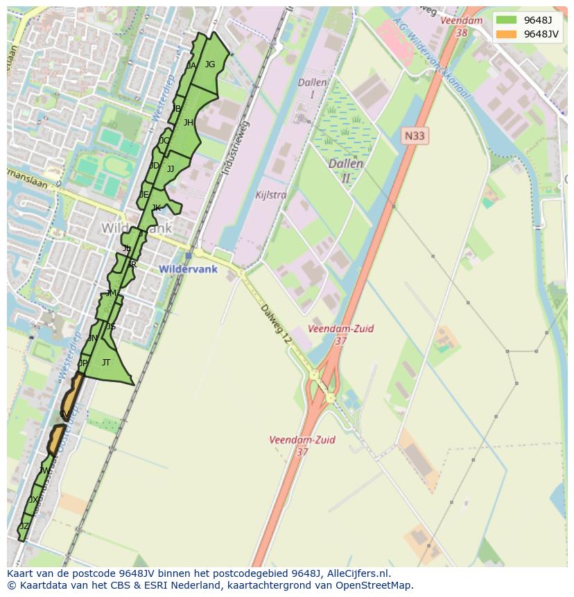 Afbeelding van het postcodegebied 9648 JV op de kaart.