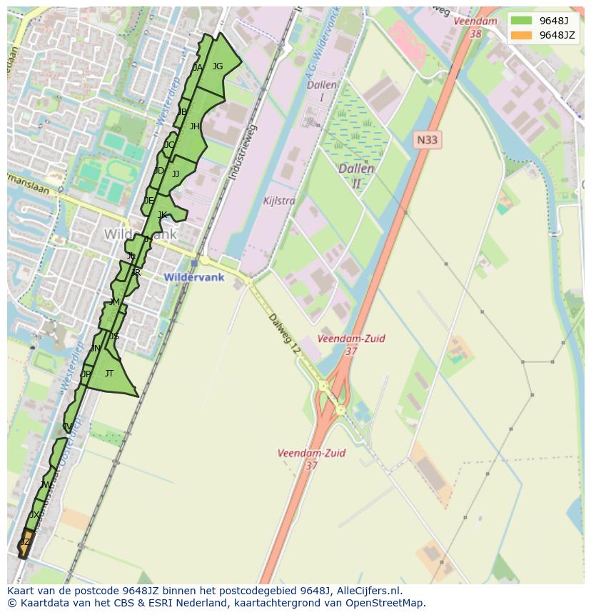 Afbeelding van het postcodegebied 9648 JZ op de kaart.