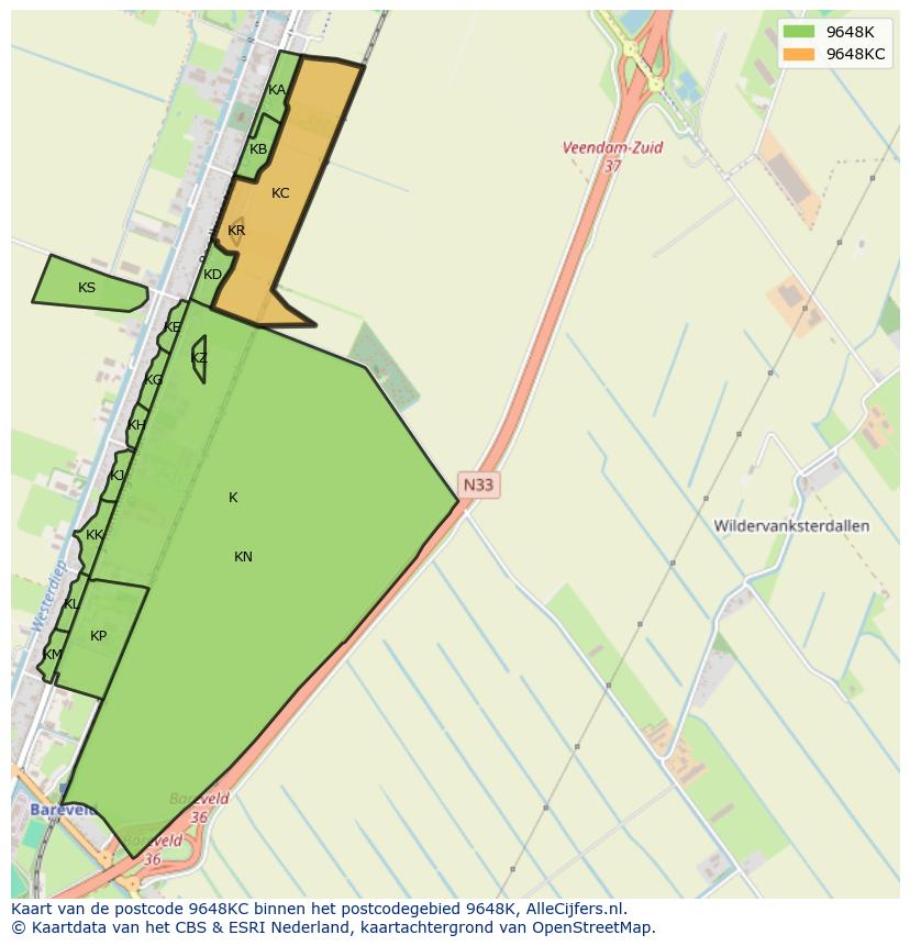 Afbeelding van het postcodegebied 9648 KC op de kaart.