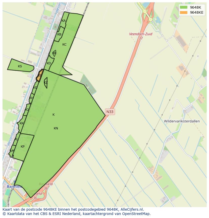 Afbeelding van het postcodegebied 9648 KE op de kaart.
