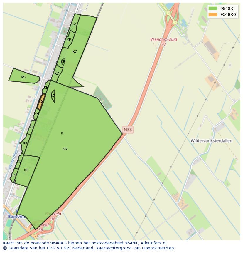 Afbeelding van het postcodegebied 9648 KG op de kaart.