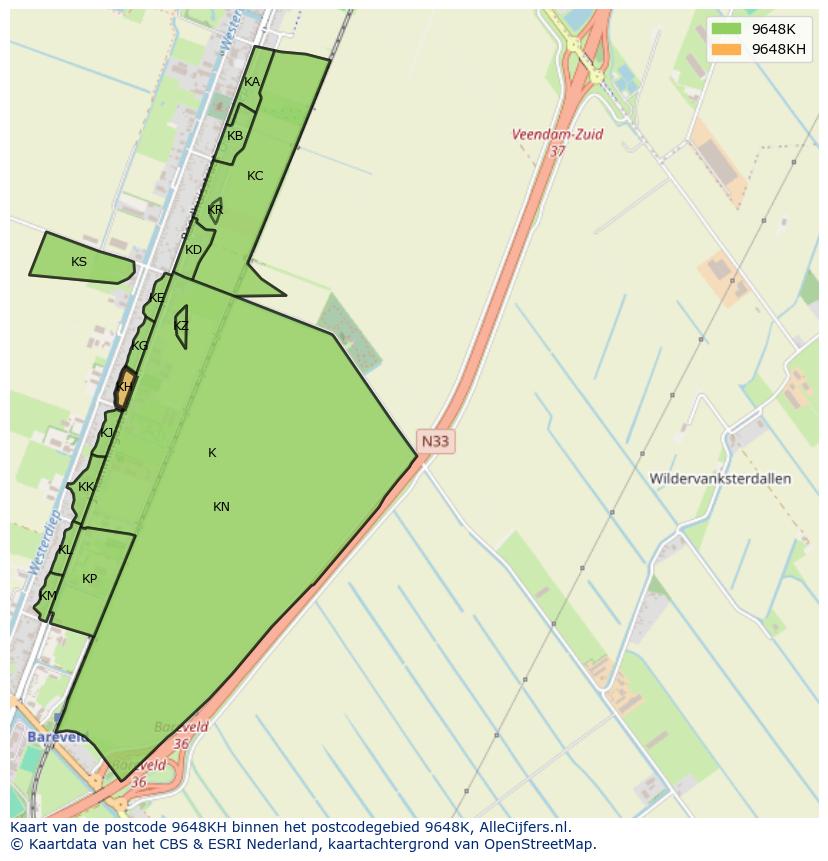 Afbeelding van het postcodegebied 9648 KH op de kaart.