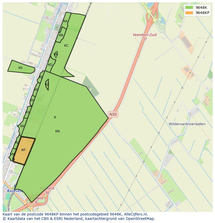 Afbeelding van het postcodegebied 9648 KP op de kaart.