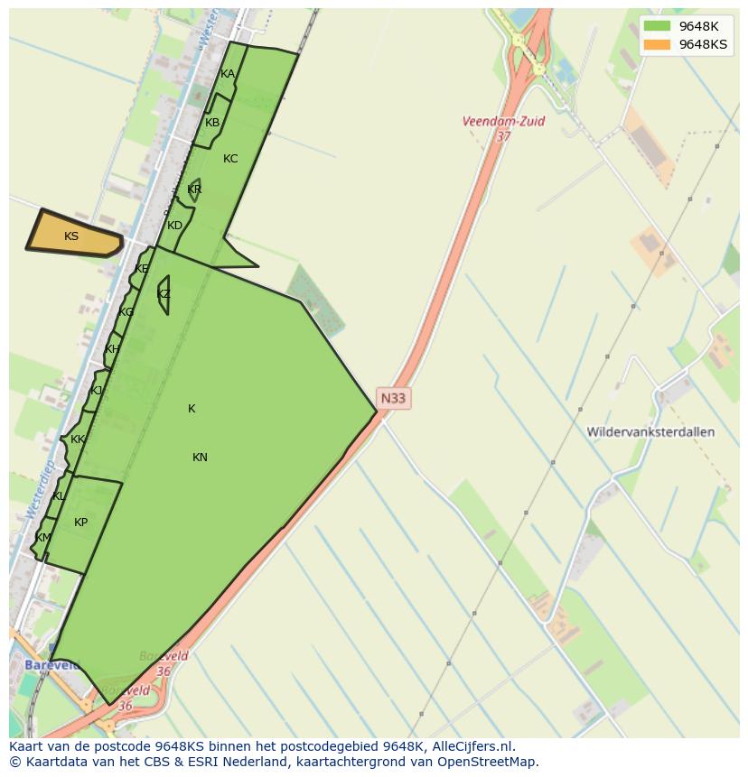 Afbeelding van het postcodegebied 9648 KS op de kaart.