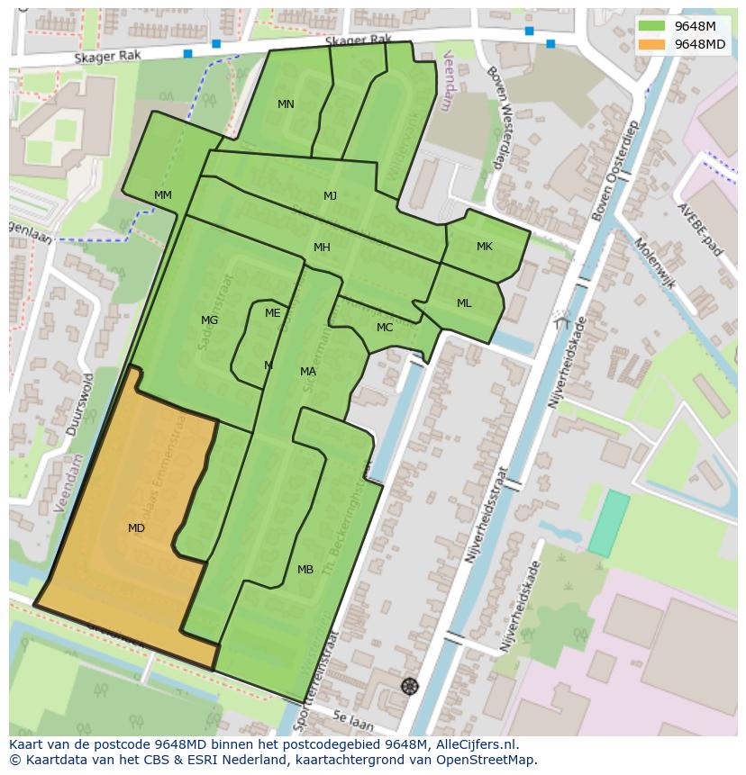 Afbeelding van het postcodegebied 9648 MD op de kaart.