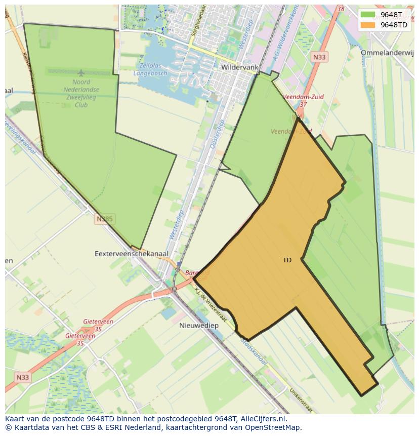 Afbeelding van het postcodegebied 9648 TD op de kaart.