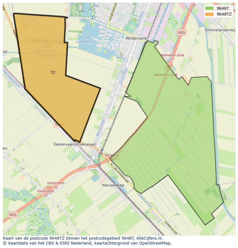 Afbeelding van het postcodegebied 9648 TZ op de kaart.