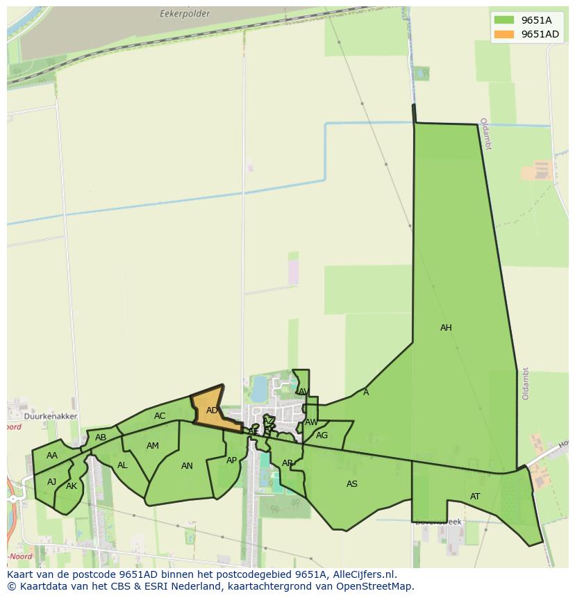 Afbeelding van het postcodegebied 9651 AD op de kaart.