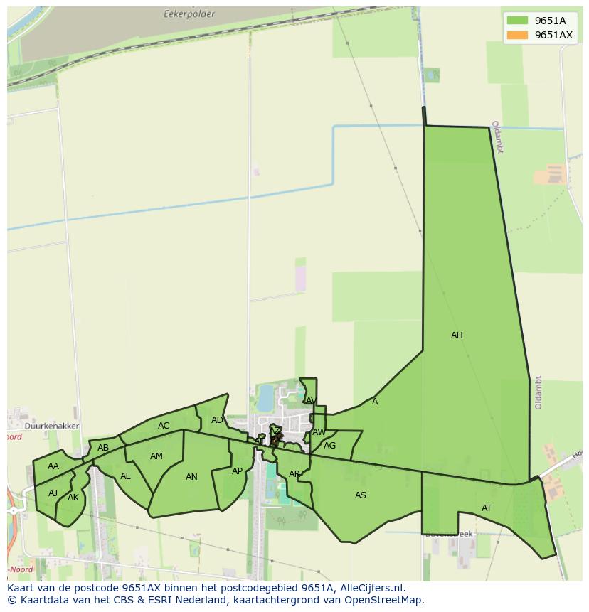 Afbeelding van het postcodegebied 9651 AX op de kaart.