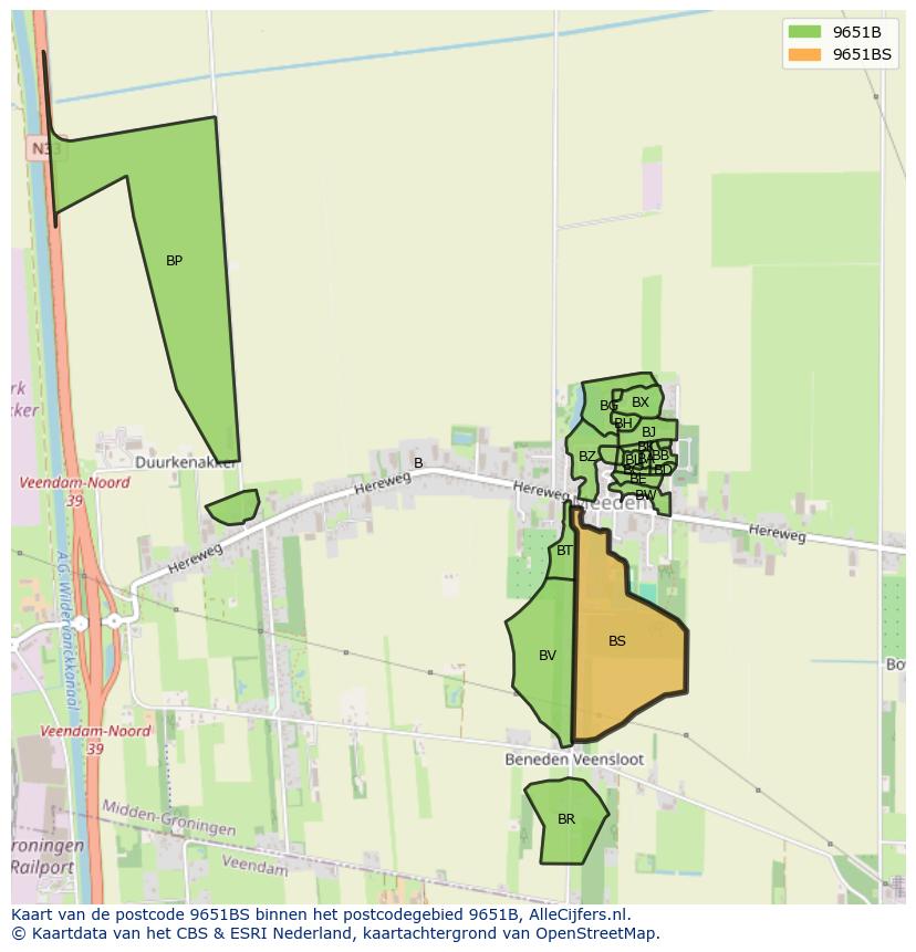 Afbeelding van het postcodegebied 9651 BS op de kaart.