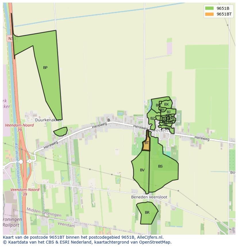 Afbeelding van het postcodegebied 9651 BT op de kaart.