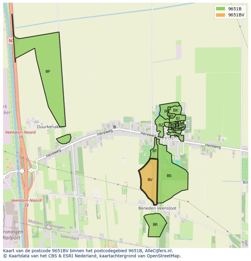 Afbeelding van het postcodegebied 9651 BV op de kaart.