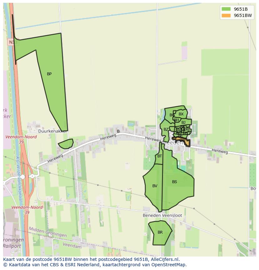 Afbeelding van het postcodegebied 9651 BW op de kaart.