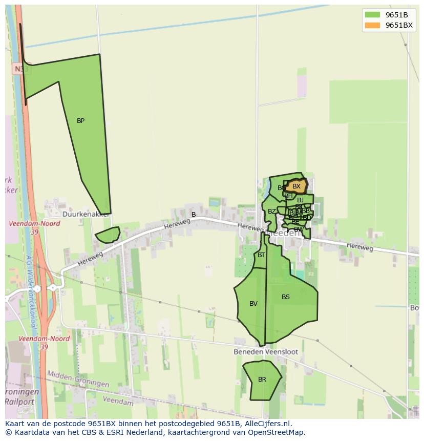 Afbeelding van het postcodegebied 9651 BX op de kaart.