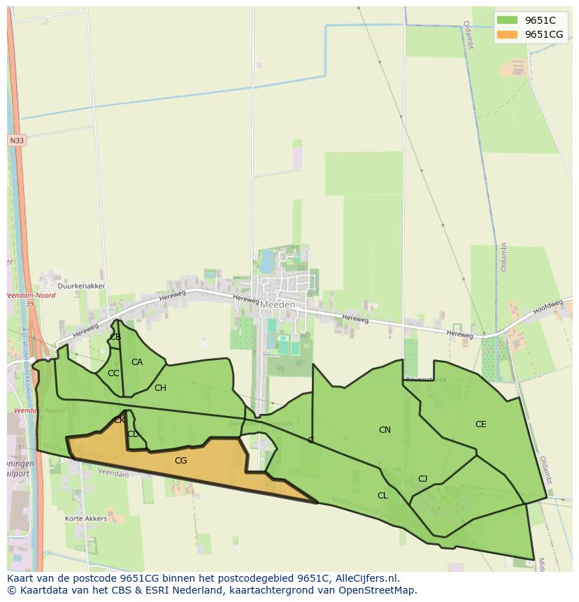 Afbeelding van het postcodegebied 9651 CG op de kaart.