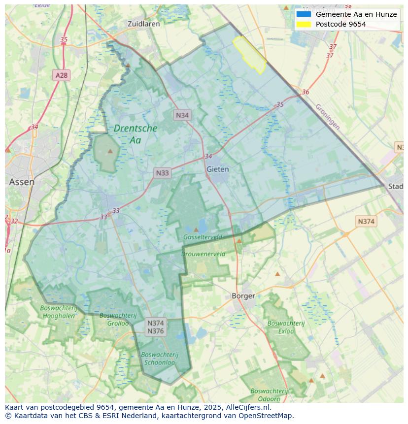 Afbeelding van het postcodegebied 9654 op de kaart.