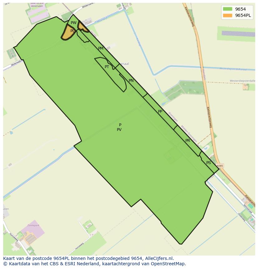 Afbeelding van het postcodegebied 9654 PL op de kaart.