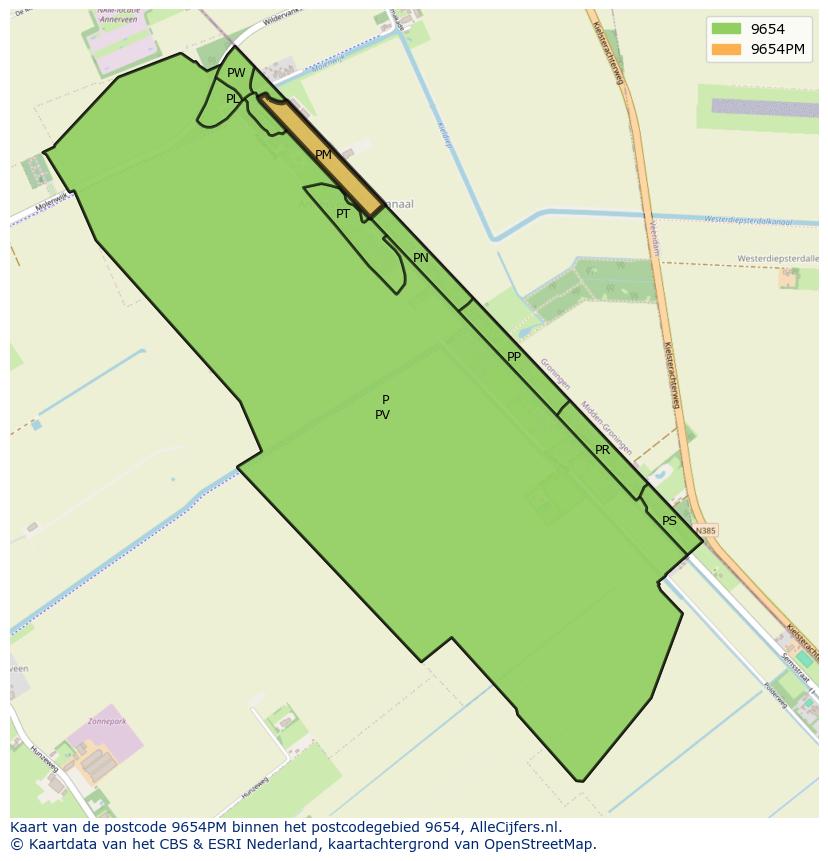 Afbeelding van het postcodegebied 9654 PM op de kaart.