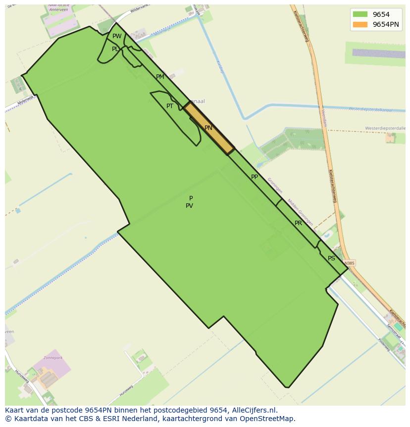 Afbeelding van het postcodegebied 9654 PN op de kaart.