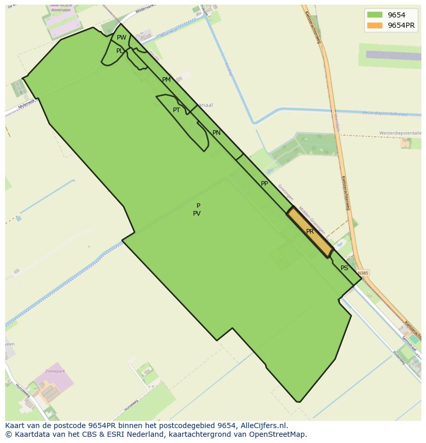 Afbeelding van het postcodegebied 9654 PR op de kaart.