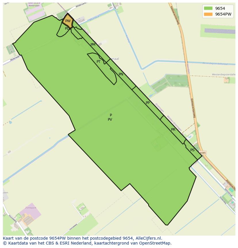 Afbeelding van het postcodegebied 9654 PW op de kaart.