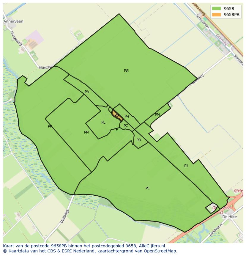 Afbeelding van het postcodegebied 9658 PB op de kaart.