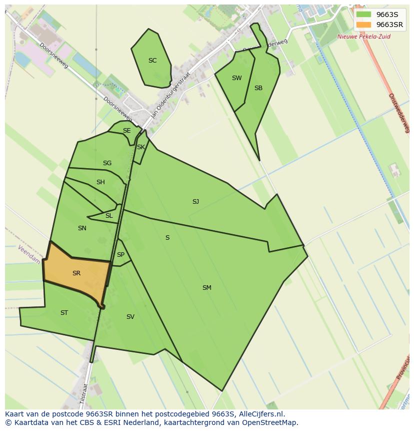 Afbeelding van het postcodegebied 9663 SR op de kaart.