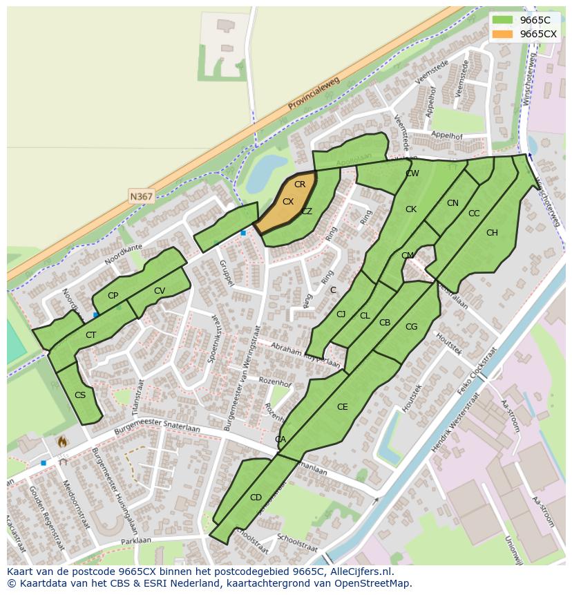 Afbeelding van het postcodegebied 9665 CX op de kaart.