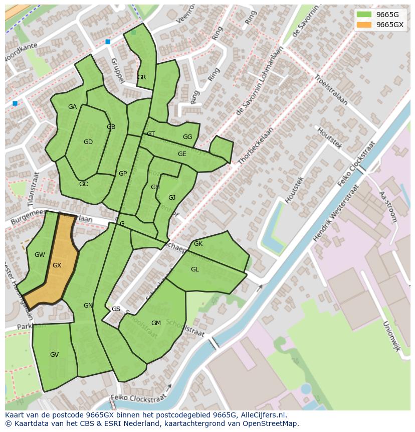 Afbeelding van het postcodegebied 9665 GX op de kaart.