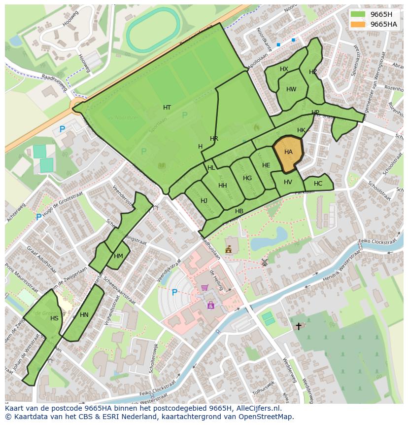 Afbeelding van het postcodegebied 9665 HA op de kaart.