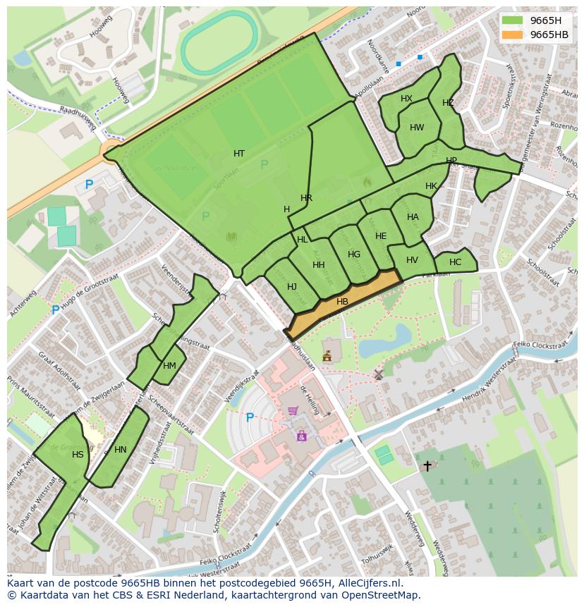Afbeelding van het postcodegebied 9665 HB op de kaart.