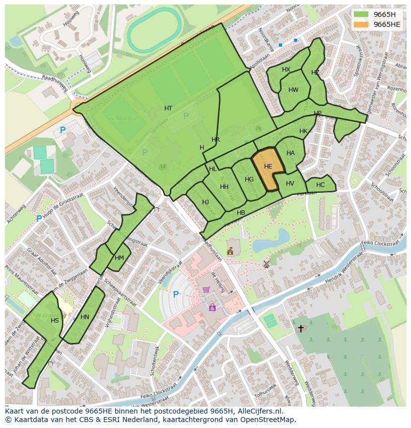 Afbeelding van het postcodegebied 9665 HE op de kaart.