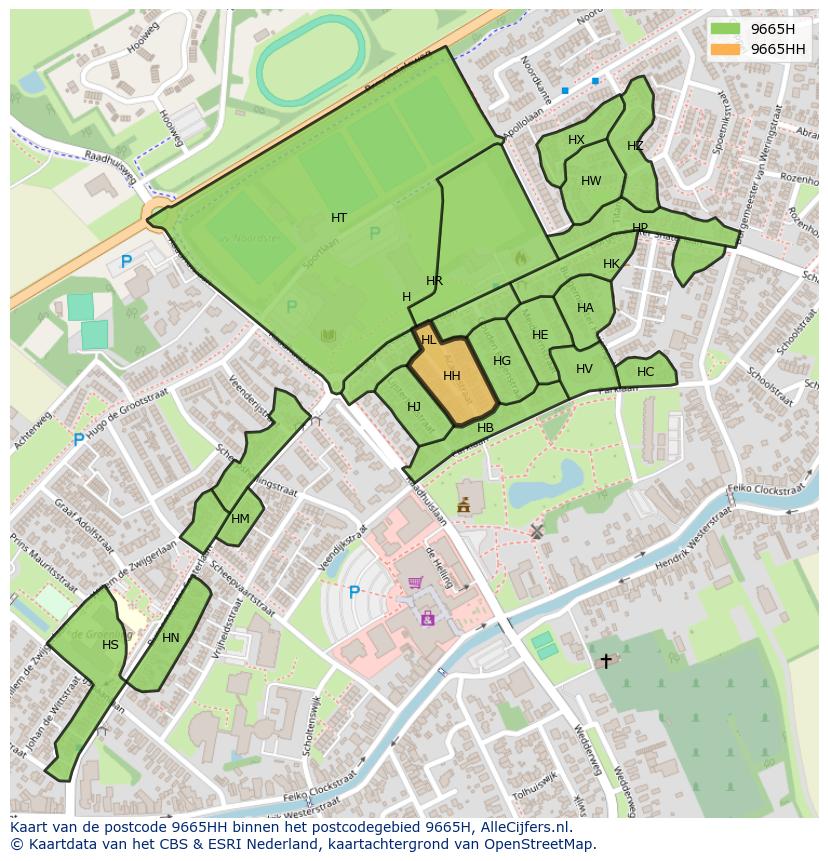 Afbeelding van het postcodegebied 9665 HH op de kaart.