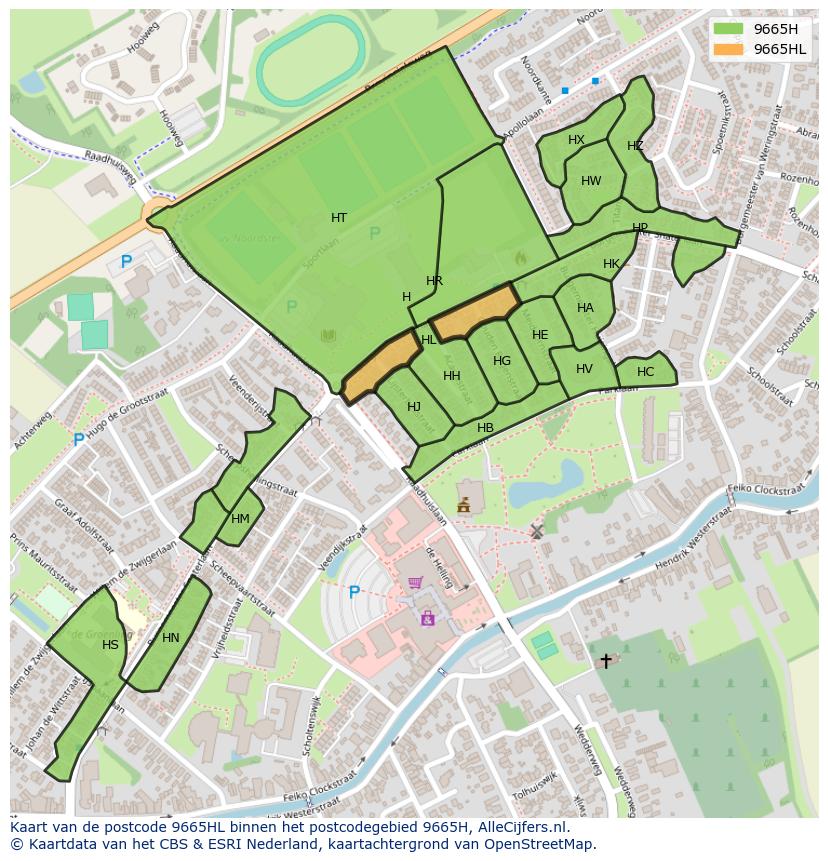 Afbeelding van het postcodegebied 9665 HL op de kaart.
