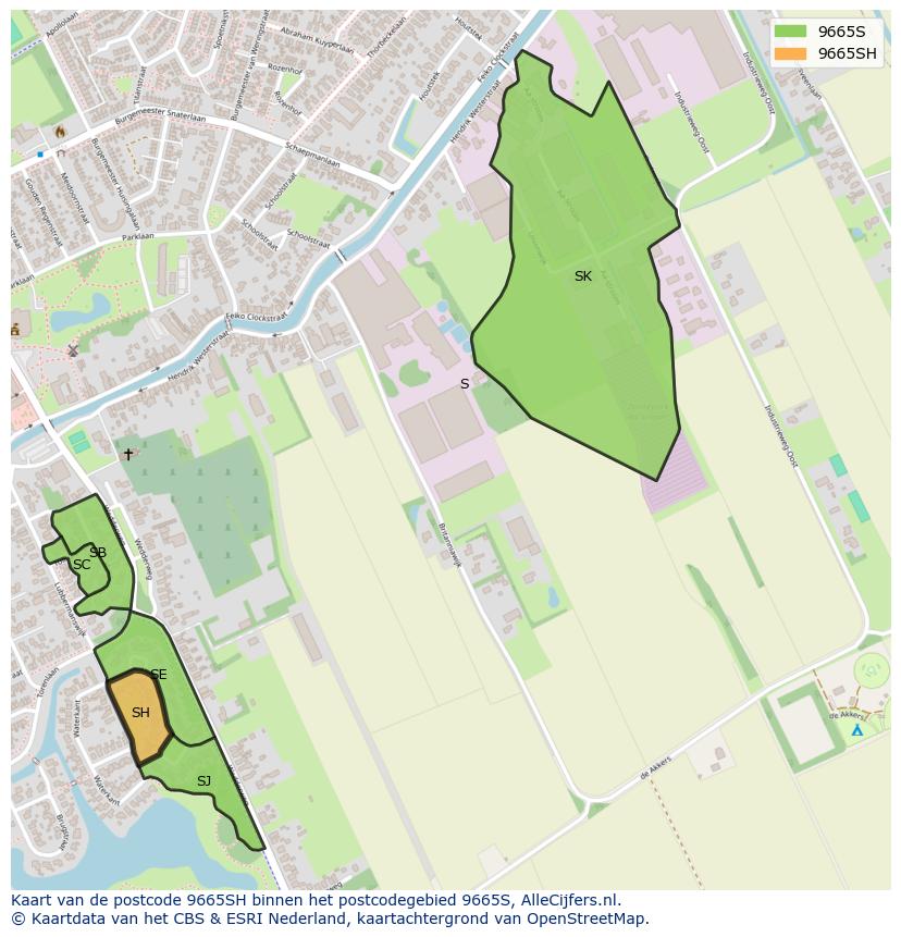 Afbeelding van het postcodegebied 9665 SH op de kaart.